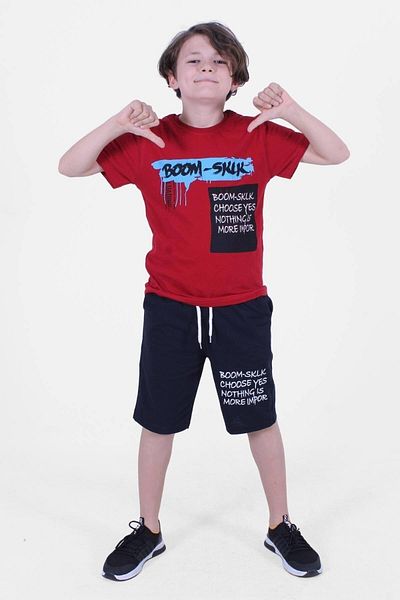 PANİO KİDS Boom Printed Capri Boy's Bottom-Top Red Suit