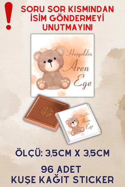 Netsan Etiket Brown Teddy Bear Model Art Paper Sticker - 3.5X3.5Cm Square Chocolate Label, 96 Pieces