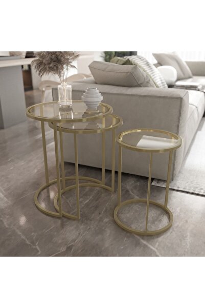 incimetaldesign Inci Metal Design 3'lü Zigon Sehpa Takımı Şeffaf Cam