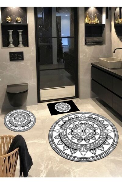 Ardizayn Osaka, Non-Slip, Cotton Base Round Bath Rug (100x100-60x60-40x60 Cm Set of 3)