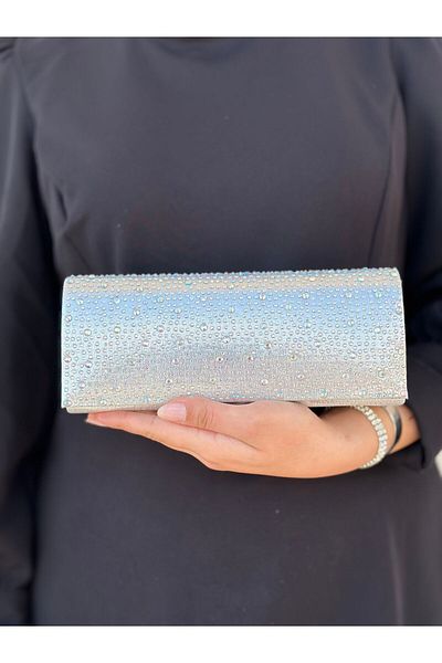 Sh Poly Βραδινή τσάντα φορέματος 2024 Strap Silver Stone - Clutch Portfolio ώμου και χεριού