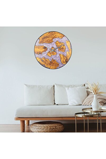Wood Stone Art Duvar Saati Ahşap Metal Çemberli Zeytin Ağacı Epoksi Duvar Saati