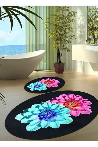 Ardizayn Pink - Blue Flowers, Non-Spill Organic Cotton Woven Base 2-Piece Bath Rug (70X120-40X60)