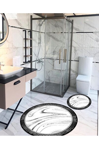 Ardizayn Ege - Silver, Bamboo Fabric, Non-Slip Base Round Bath Rug (100X100-60X60-40X60 CM SET OF 3)