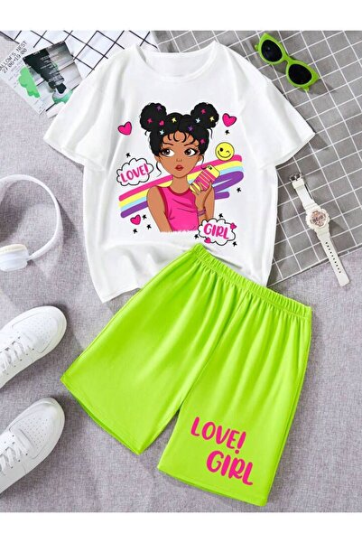 LOUİSA Love Girl Printed - Set de pantaloni scurți și tricou pentru fete, neg...