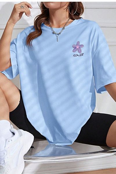 PALPİTO Tricou de damă oversize cu imprimeu cu flori albastre