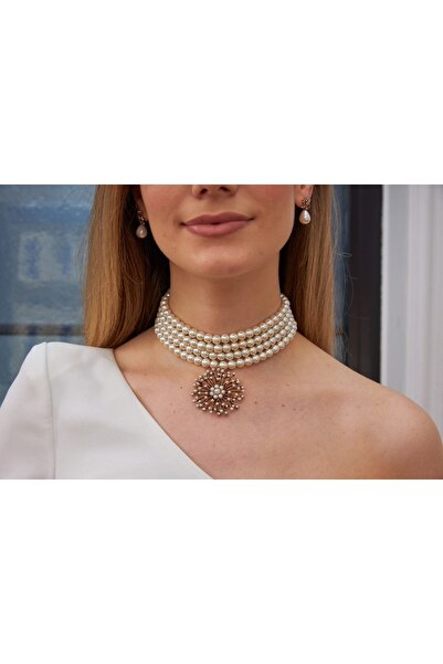Nocbu Brand Inci Çiçek Tokalı Dört Sıra Gerdanlık / Choker