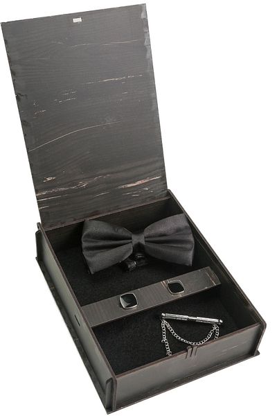 BAYEFENDİ Black Color Bow Tie Cufflink and Lapel Pin Gift Set with Wooden Box