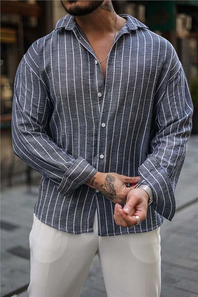Tarz Cool Βαμβακερό ριγέ πουκάμισο oversize