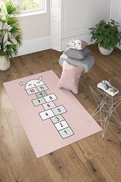 GARDENYA HOME Pembe Tavşanlı Seksek Desenli Çocuk Odası Halısı 150x200 cm