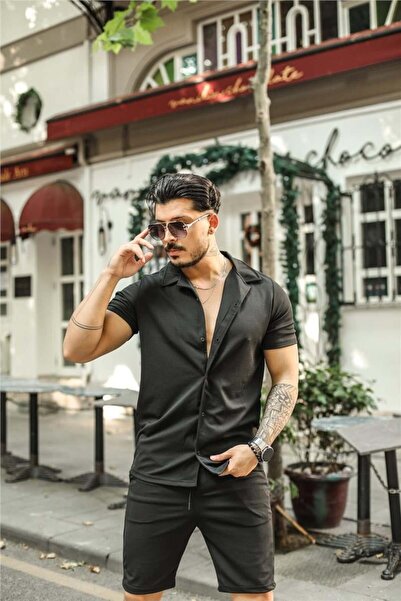 Tarz Cool Men's Black Slim Fit Shorts Set - Bottom and Top Set-gmlksrt01r01s