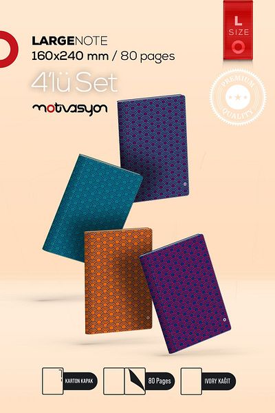 Motivasyon Yayınları Motivation Notebook 160mmx240mm Large Size 4 Pieces Notebook Sets Ivory Paper Special Cut Round Corner