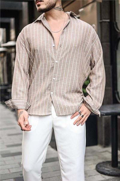 Tarz Cool Βαμβακερό ριγέ πουκάμισο oversize
