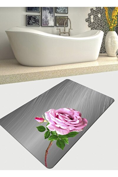 Ardizayn Pink Rose Patterned 70x120cm Non-Slip, Non-Spill Organic Cotton Base Bath Mat