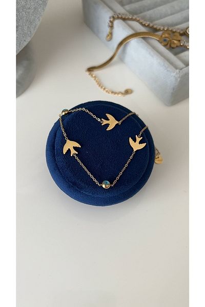 SU PERİSİ TAKI BİJUTERİ Steel Gold Seagull and Evil Eye Bead Detailed Anklet