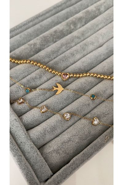 SU PERİSİ TAKI BİJUTERİ Steel Gold Seagull and Evil Eye Bead Detailed Anklet