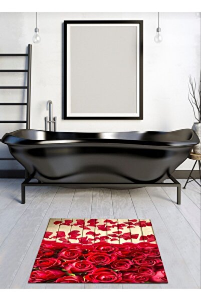 Ardizayn Rose Patterned 40 Cm X 60 Cm Non-Slip, Non-Spill, Washable Leather Base Bath Mat