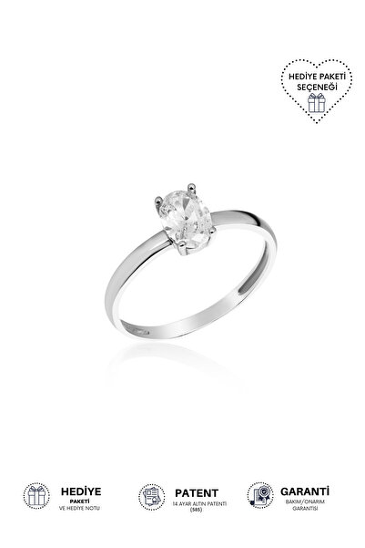 Altınkesesi 14 Ayar Altın Beyaz Oval Tektaş Yüzük