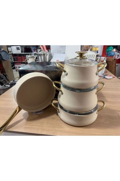 Granit New Model 7 Piece Casserole Pot Set with Glass Lid Gold-cream