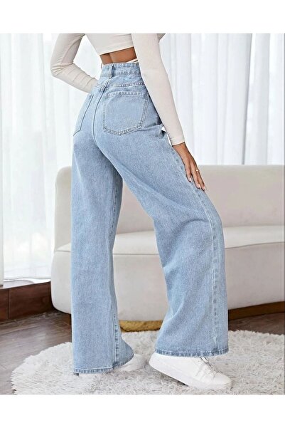 Shield Life Karyıkama Palazzo Açık Mavi Kar Yıkama Süper Yüksek Bel Bol Paça Denim Kot Pantolon