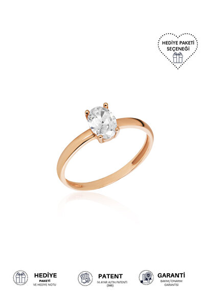 Altınkesesi 14 Ayar Altın Rose Oval Tektaş Yüzük