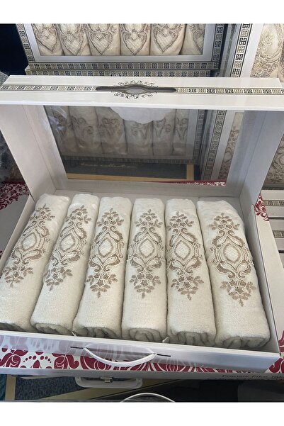 Çt Çeyizci Tekstil Набір рушників з розкішним візерунком і гупрі з сатину - 50x90, 6 штук для рук і обличчя