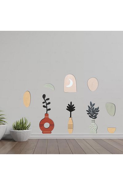CajuArt 9 Piece Decorative Wooden Artistic Vase Flower Pastel Color Wall Painting Set Wood Decor