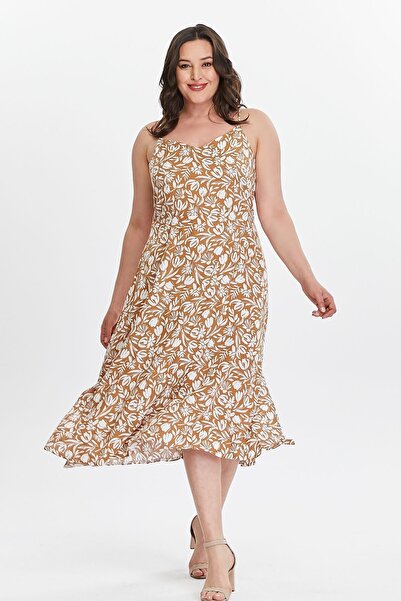 My ELİF Tekstil Women's Camel Floral Print Woven Dress