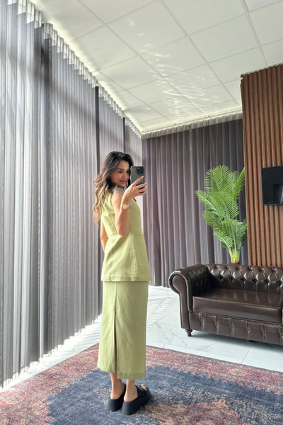 My Blog Khaki vászonkészlet - 100% ceruza, hasított szoknya és mellény