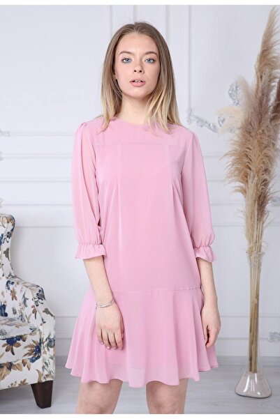 My ELİF Tekstil Kadın Pembe Robalı Şifon Elbise