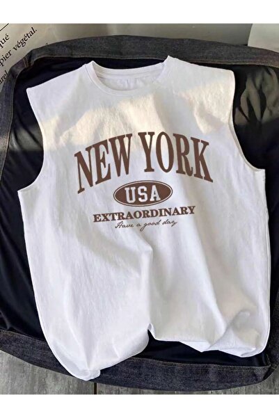 Daxia Baskılı Kız/erkek BEYAZ NEWYORK BASKILI Çocuk Penye Atlet Sıfır Kol Pen...