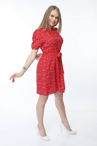 My ELİF Tekstil Women's Red Belted Patterned Dress