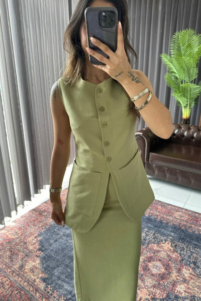 My Blog Khaki vászonkészlet - 100% ceruza, hasított szoknya és mellény