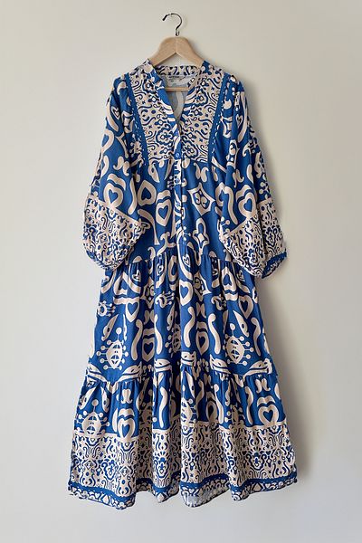 MODAQU Indigo Viscose Dress with Placket and Authentic Pattern