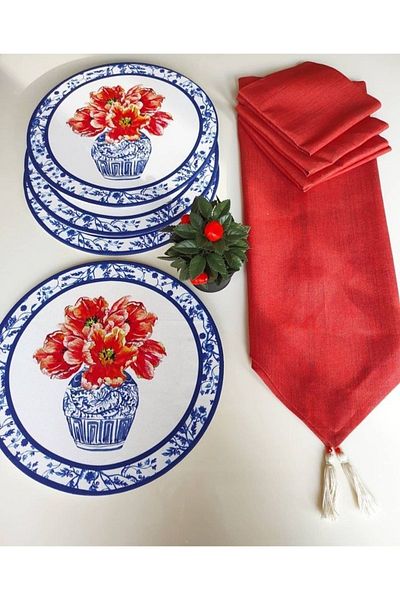 şifatasarım American & service red runner, 6-pack RED NAPKIN, 6-pack VASE, PATTERNED WATER PLATE, MDF DESIGN SET