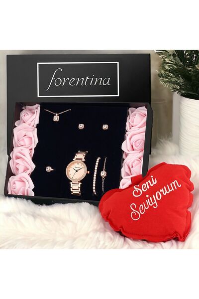 Forentina Rose Tektaş Kolye Küpe Bileklik Yüzük Saat Kalpli Yastık Hediye Set PS3398