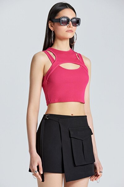 boutiquen 2523 Pencere Detaylı Pembe Kolsuz Crop