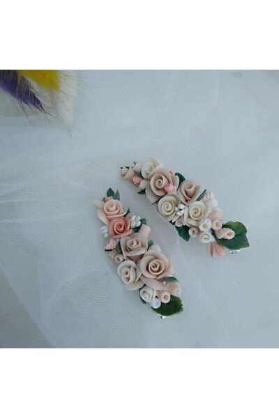 laydahobi Soğuk Porselen Çiçekli Ve Boncuklu 2 Li Timsah Toka