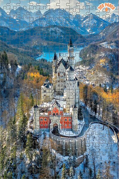 Teona Ahşap Neuschwanstein Şatosu Almanya Çift Katlı Çerçeveli Asılabilir Ahş...