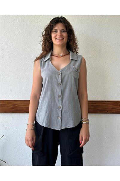 ByEnBi Gray Cotton Linen Vest - Collar Pocket