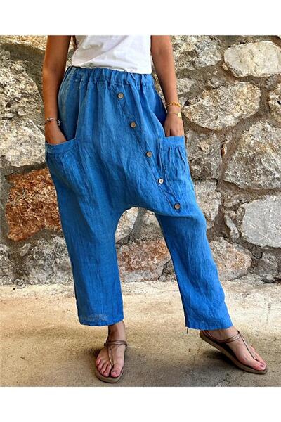 ByEnBi İtalyan Keten Cepli Düğme Detaylı Şalvar Mavi Std