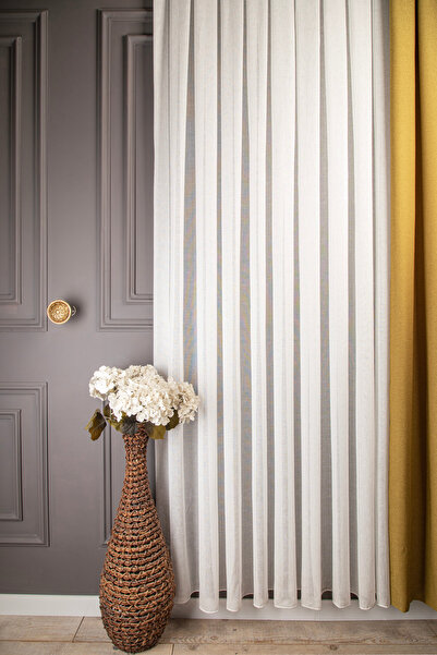 Evdepo Home Κουρτίνα από λευκό λινό τούλι - Taç Naturel, Κανονικό Πλισέ