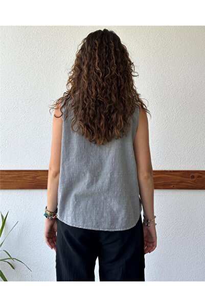 ByEnBi Gray Cotton Linen Vest - Collar Pocket