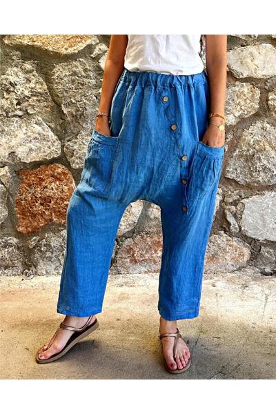 ByEnBi İtalyan Keten Cepli Düğme Detaylı Şalvar Mavi Std