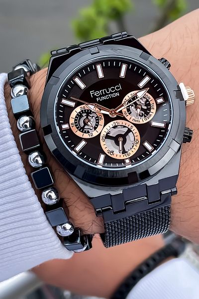 Ferrucci Men's Wristwatch - All Functions Active, Steel Case and Cord Bracelet Gift