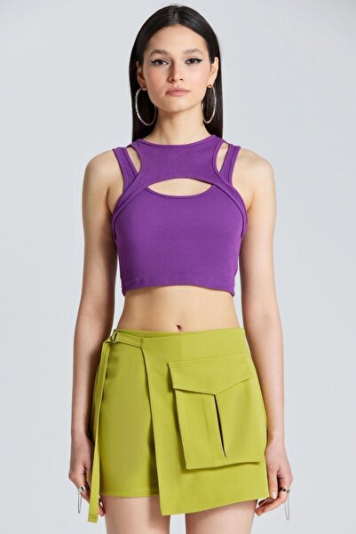 boutiquen 2523 Pencere Detaylı Mor Kolsuz Crop