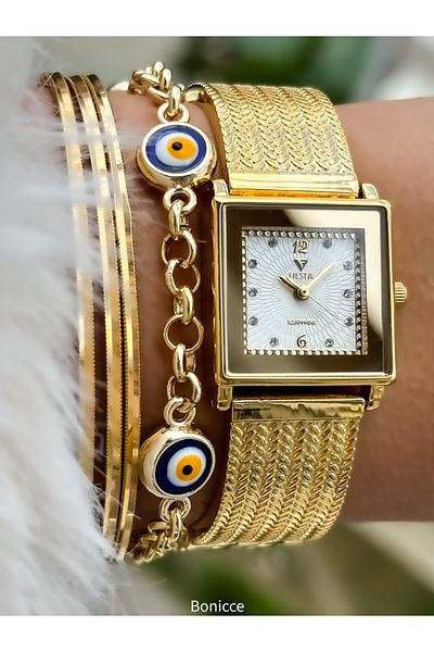 Fiesta Steel Cord Bridal Engagement and Wedding Women's Wristwatch and Bracelet Set