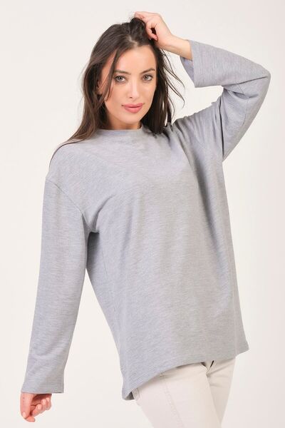 BASICA Clasy Women's Gray Long Sleeve Crew Neck Basic Oversize T-Shirt