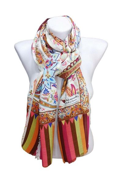 ByEnBi Indian Patterned Shawl Beige Turquoise Red 100% Viscon 70x190 Cm