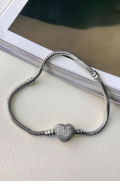 The Collection Zircon Stone Heart Patterned Steel Bracelet